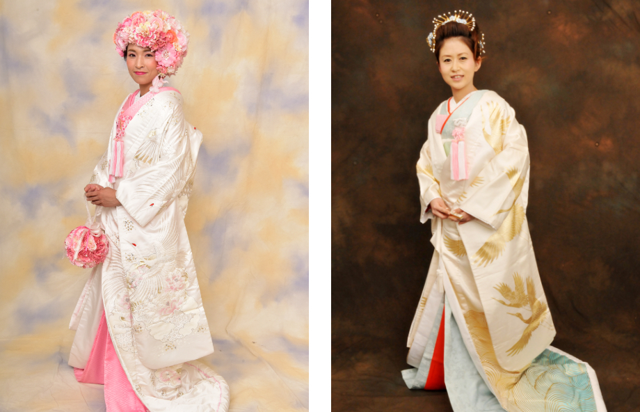 白無垢に色掛下や色小物をアクセントにした現代風の花嫁コーデイメージ